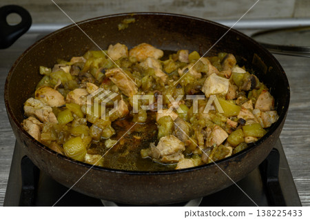 Chicken and Zucchini Stir-Fry Cooking in a Pan on a Kitchen Stove. Cooking Process 138225433