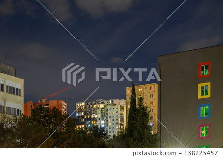 Night Cityscape of a Residential Quarter in Tbilisi, Georgia. 138225457