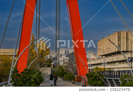 Maglivi Bridge in Tbilisi with Moving Traffic and Pedestrians. Life on the Bridge. Maglivi Bridge in Tbilisi with Moving Traffic and Pedestrians. Life on the Bridge. 138225479