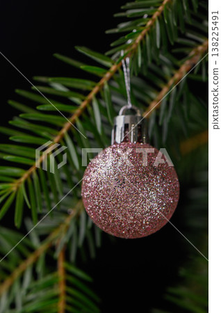 Pink Christmas Bauble Framed by Conifer Needles Pink Christmas Bauble Framed by Conifer Needles 138225491