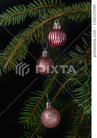 Three Pink Ornaments on Spruce Branch Three Pink Ornaments on Spruce Branch 138225494