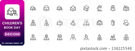 Children book day icon set with reading, storytelling, education and kids literature symbols modern outline vector collection Children book day icon set with reading, storytelling, education and kids literature symbols modern outline vector collection 138225548