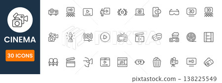 Modern cinema icon set vector collection with movie theater, film production and entertainment symbols flat design for web and print 138225549