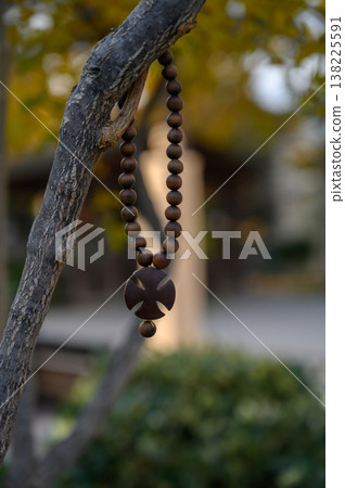 Silhouette of a Boxwood Cross on a Branch Against Sunset Sky in Georgia. Silhouette of a Boxwood Cross on a Branch Against Sunset Sky in Georgia. 138225591