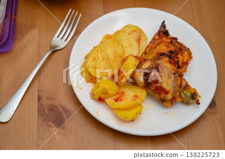 Appetizing Fried Chicken with Potatoes on Plate 138225723