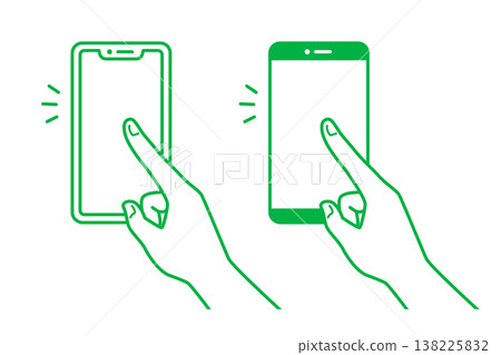 Two types of green silhouette icons that represent tapping a smartphone of a different shape. 138225832