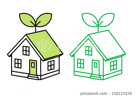 A cute, simple line art vector illustration of an eco-friendly house with a sprout on the roof. A cute, simple line art vector illustration of an eco-friendly house with a sprout on the roof. 138225838