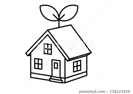 房屋和嫩芽的單色圖示；代表環境的簡單線條藝術材料。 138225839