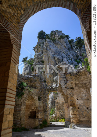 View Through the Castle Arch to the Mountain and Upper Part of St. Hilarion Castle, Northern Cyprus View Through the Castle Arch to the Mountain and Upper Part of St. Hilarion Castle, Northern Cyprus 138225896