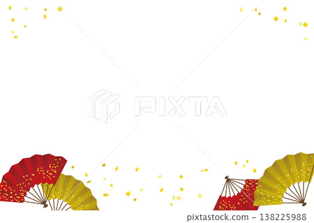 日式橫版邊框背景，飾以紅金扇和飄動的金箔，非常適合新年祝福和傳統日本圖案。 138225988