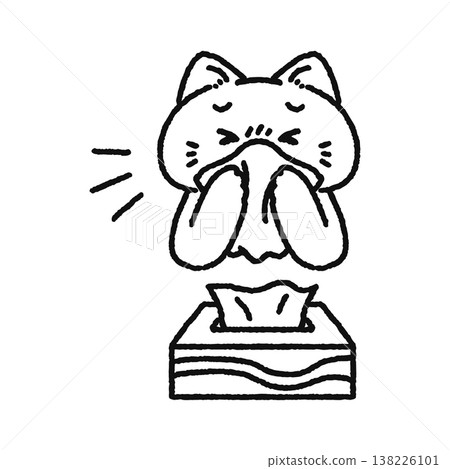 Cat blowing its nose with a tissue (line drawing) Cat blowing its nose with a tissue (line drawing) 138226101