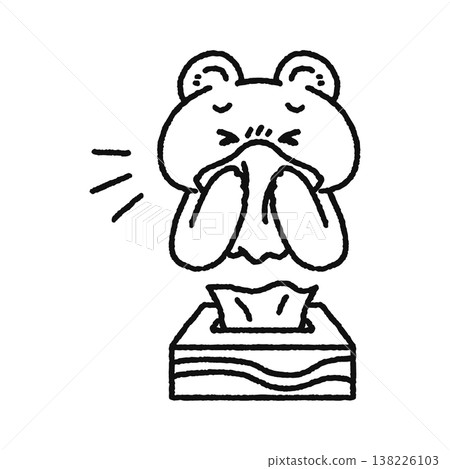 A bear blowing its nose with a tissue (line drawing) 138226103