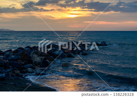Modern white villas with sea view on Cyprus island. Bright sunny day, Mediterranean architecture, blue sky, palm trees and relaxing vacation atmosphere. 138226328