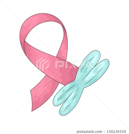 Illustration of Pink ribbon with chromosome Illustration of Pink ribbon with chromosome 138226358
