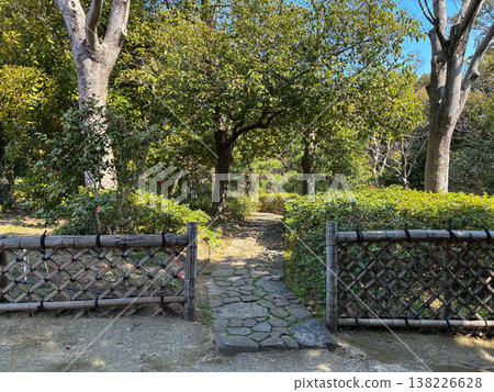 一條石板路穿過傳統的日式花園,花園四周環繞著竹籬笆。 一條石板路穿過傳統的日式花園,花園四周環繞著竹籬笆。 138226628