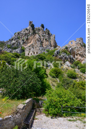 Scenic view of St. Hilarion Castle in 2025, perched on the mountains of Northern Cyprus, with panoramic landscapes and historic stone ruins. Scenic view of St. Hilarion Castle in 2025, perched on the mountains of Northern Cyprus, with panoramic landscapes and historic stone ruins. 138226648