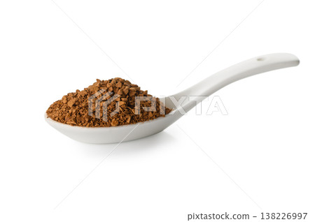 Heap of Instant Coffee in White Ceramic Spoon 138226997