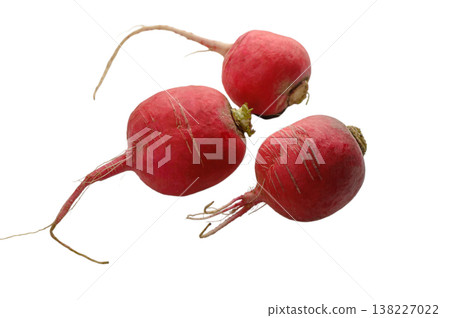 Three fresh red radishes isolated on white Three fresh red radishes isolated on white 138227022