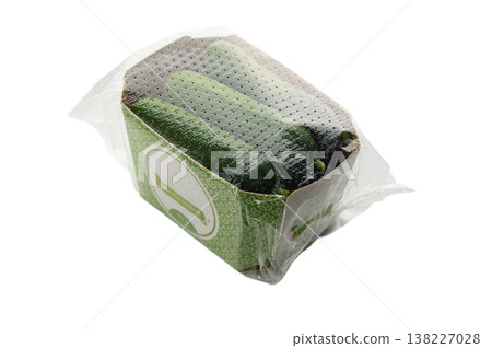 Cardboard box with mini cucumbers on white background 138227028
