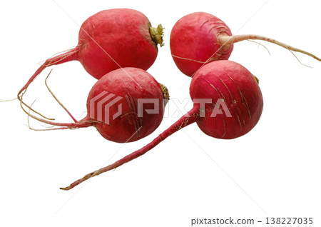 Four red radishes on white background Four red radishes on white background 138227035