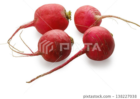 Four fresh red radishes isolated on white Four fresh red radishes isolated on white 138227038