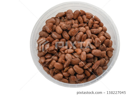 Cooked red beans in plastic container on white background Cooked red beans in plastic container on white background 138227045
