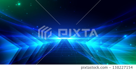 Arrow blue glowing on dark background. Hi tech speed light concept. 138227154