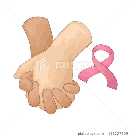 Illustration of Holding Hands with Pink Ribbon 138227209