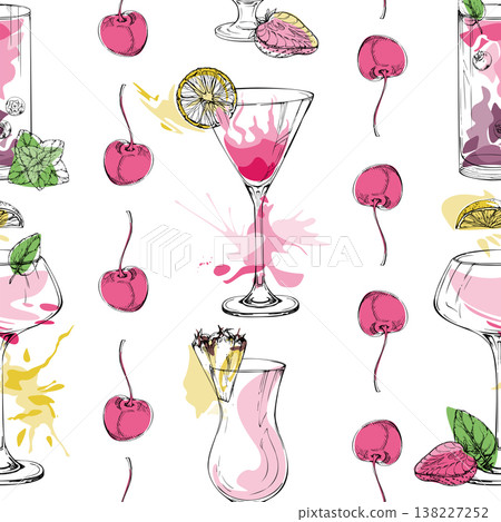 Pink cocktail tile of daiquiri and cosmopolitan, creamy strawberry milkshake, cherry dividers with ink outline. Hand drawn seamless vector pattern for culinary layouts, decorative papers, menu sets. Pink cocktail tile of daiquiri and cosmopolitan, creamy strawberry milkshake, cherry dividers with ink outline. Hand drawn seamless vector pattern for culinary layouts, decorative papers, menu sets. 138227252
