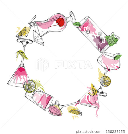 Circular pink wreath of fruit, berry and citrus cocktails, lemonade and milkshake, mint leaves. Hand drawn vector for stickers, cosmetic packaging, recipe seals, party branding and feminine layouts. 138227255