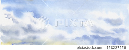 Wide sunny cloudscape with airy sky and layered soft clouds in pale blue tones. Illustration hand drawn in watercolor. Background element for landscape illustrations, travel graphics, nature posters Wide sunny cloudscape with airy sky and layered soft clouds in pale blue tones. Illustration hand drawn in watercolor. Background element for landscape illustrations, travel graphics, nature posters 138227256