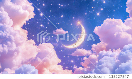 Surreal seamless watercolor pattern of floating clouds, radiant stars, and luminous moon 138227847
