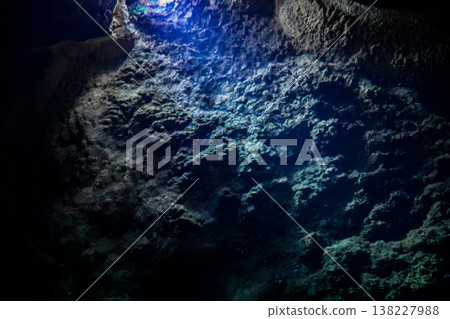 Inside the stalactite cave, the dark reflection of the Blue Spring mingles with the edge of the walkway. 138227988