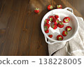 Fresh red strawberries in white ceramic vintage bowl on dark wooden table. Aesthetic food photography showcases organic summer berries for slow living breakfast and cottagecore kitchen vibes. 138228005