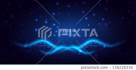 Futuristic digital blue wave dot lines glowing on dark background. Futuristic digital blue wave dot lines glowing on dark background. 138228338