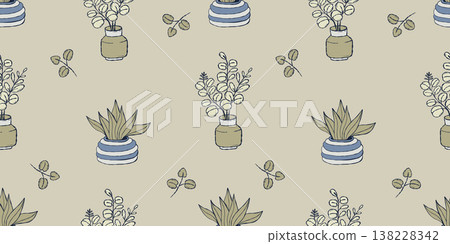 Seamless Pattern with Plant in Pot and Eucalyptus Branches in Vase on Light Background. Minimalist Botanical Home Jungle Decor Template Hand Drawing Doodle. Horizontal Vector Illustration. Seamless Pattern with Plant in Pot and Eucalyptus Branches in Vase on Light Background. Minimalist Botanical Home Jungle Decor Template Hand Drawing Doodle. Horizontal Vector Illustration. 138228342