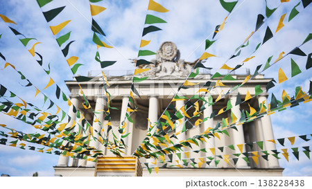 Bunting flags decorating building facade celebrating festival Bunting flags decorating building facade celebrating festival 138228438