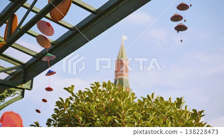 Colorful vietnamese conical hats hanging with Moscow Kremlin tower in background Colorful vietnamese conical hats hanging with Moscow Kremlin tower in background 138228473