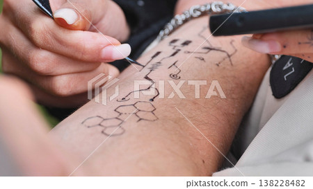 Henna artist drawing temporary mehendi pattern on skin arm at India Day Henna artist drawing temporary mehendi pattern on skin arm at India Day 138228482