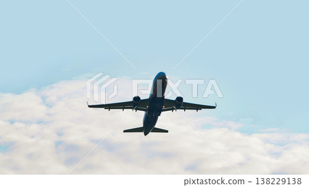 An airplane takes off against a blue sky. Close-up of the airplane. An airplane takes off against a blue sky. Close-up of the airplane. 138229138