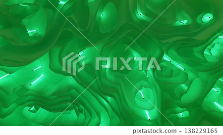 Green organic flowing shapes and illuminated elements creating a modern art installation Green organic flowing shapes and illuminated elements creating a modern art installation 138229165