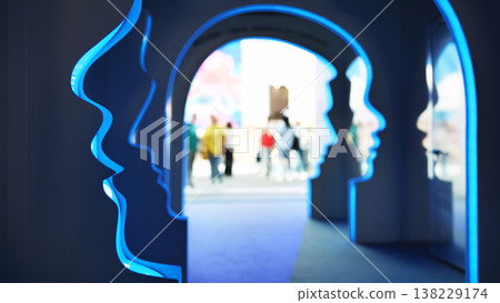 Human mind profiles creating a deep perspective on a blue neon lit pathway 138229174