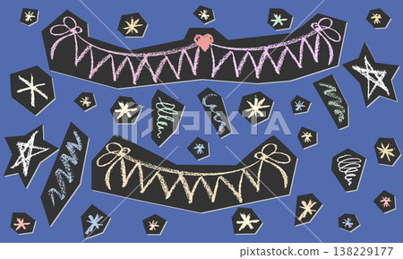 Festive birthday party set with crayon style flag, heart, confetti decorations. Playful chalk textured illustrations perfect for children celebration designs and invitations. 138229177