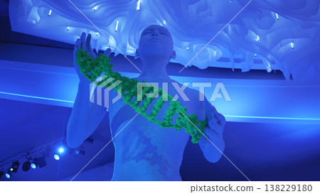 Human figure holding DNA strand in a blue illuminated science exhibition 138229180