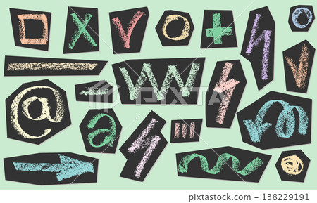 Charcoal pencil hand drawing check box with marks v, x, plus shapes. Black elements on white. Grunge chalk crayon scribbles doodles textures loading rectangle Rough crayon strokes. Vector illustration 138229191