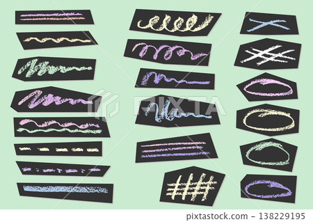 Colorful crayon strokes and pencil lines create playful emphasis marks, underlines, and hand-drawn textures perfect for creative crayon designs and artistic backgrounds. 138229195