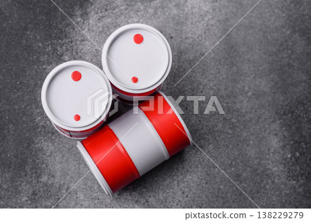 Metal barrels containing oil, gas, or chemicals, global fuel prices, and trends. Oil barrels 138229279