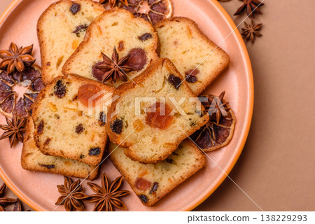 Fruit cake, a dessert with cherries, plums, and raisins for a festive Christmas table. Fruit cake Fruit cake, a dessert with cherries, plums, and raisins for a festive Christmas table. Fruit cake 138229293