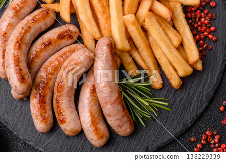 Grilled pork or chicken sausages, smoked fried food with salt and spices. Grilled sausages Grilled pork or chicken sausages, smoked fried food with salt and spices. Grilled sausages 138229339