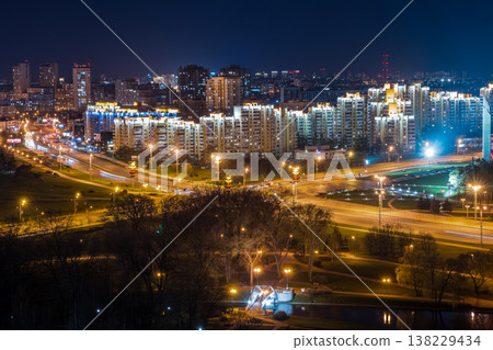 Minsk city night panorama with illuminated roads and residential buildings 138229434